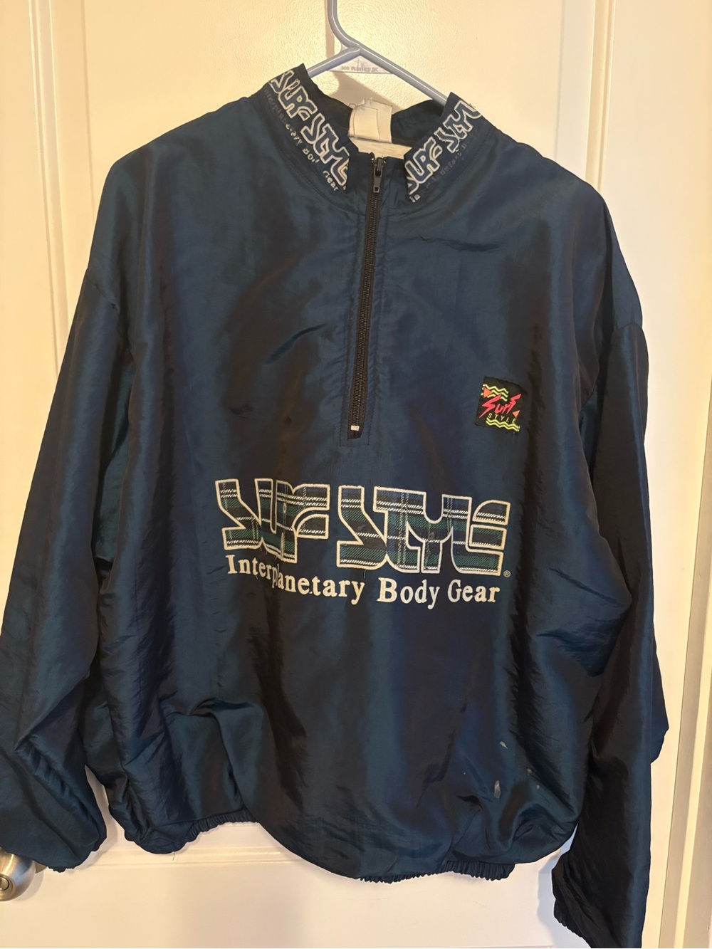 surf style Navy Half-Zip Pullover Windbreaker with Chest Logo